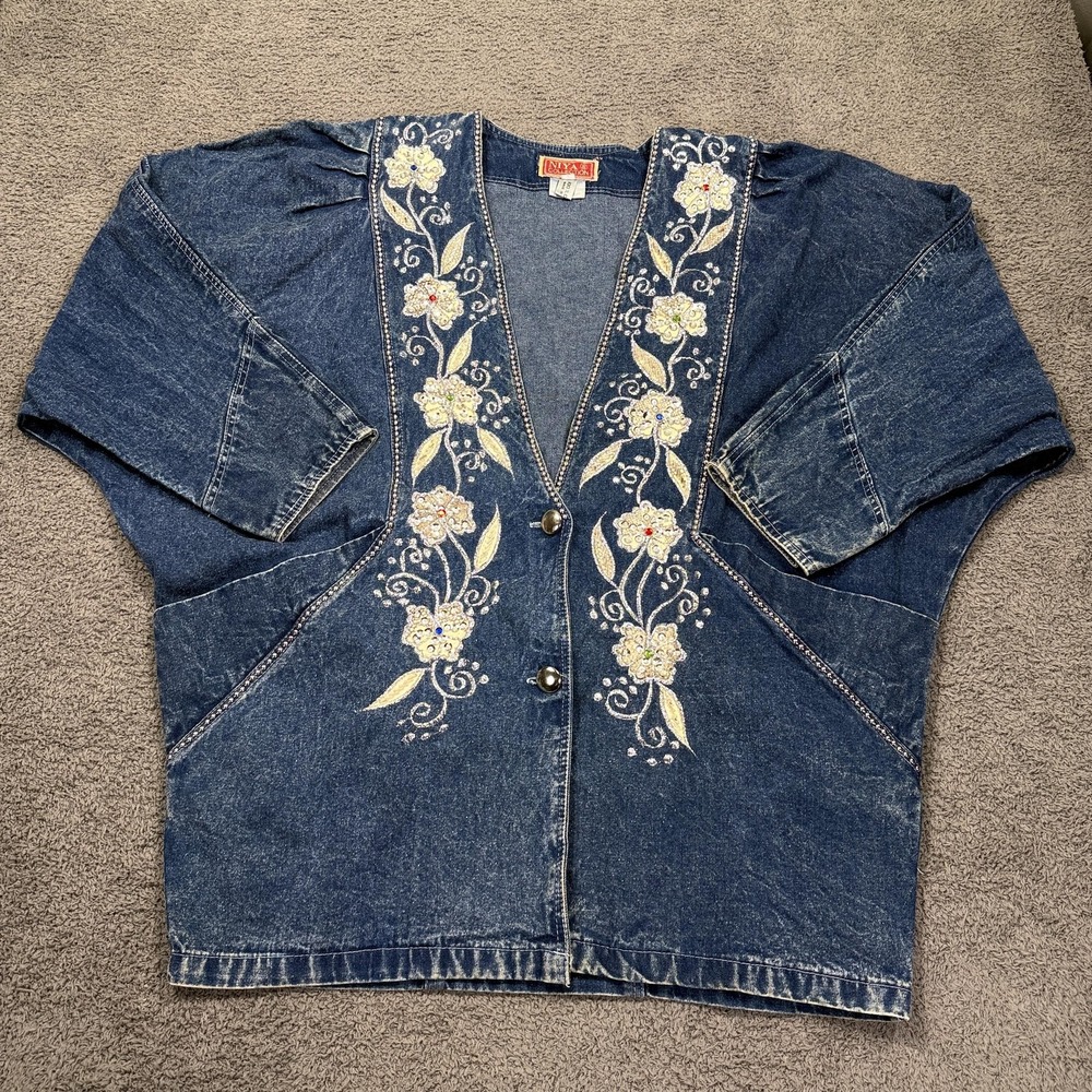 Vtg Niya Collection Denim Jacket Women Small 80s Oversized Floral‎ Beaded Viral